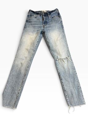 We The Free Free People Jeans 26 Distressed Straight Leg Raw Hem Blue EUC